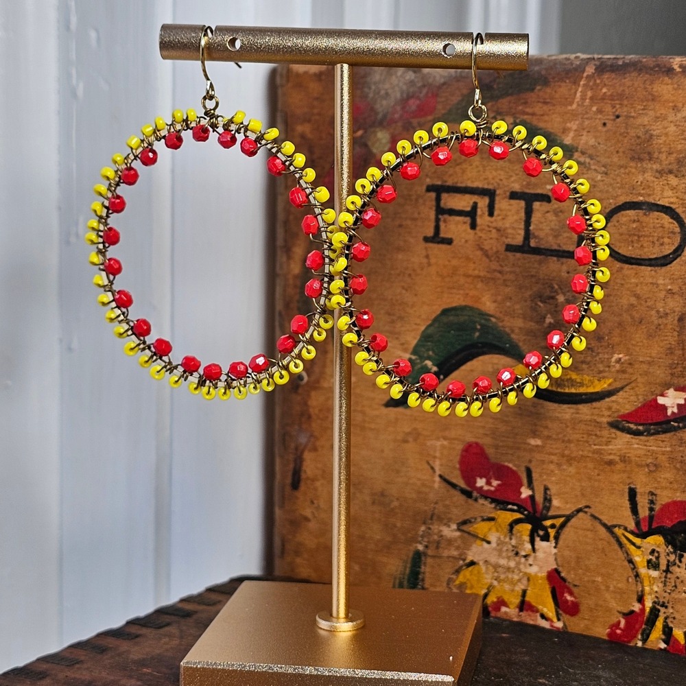 Handmade Hoop Earrings Women OS Red Yellow Beaded Wire Wrapped Boho Large